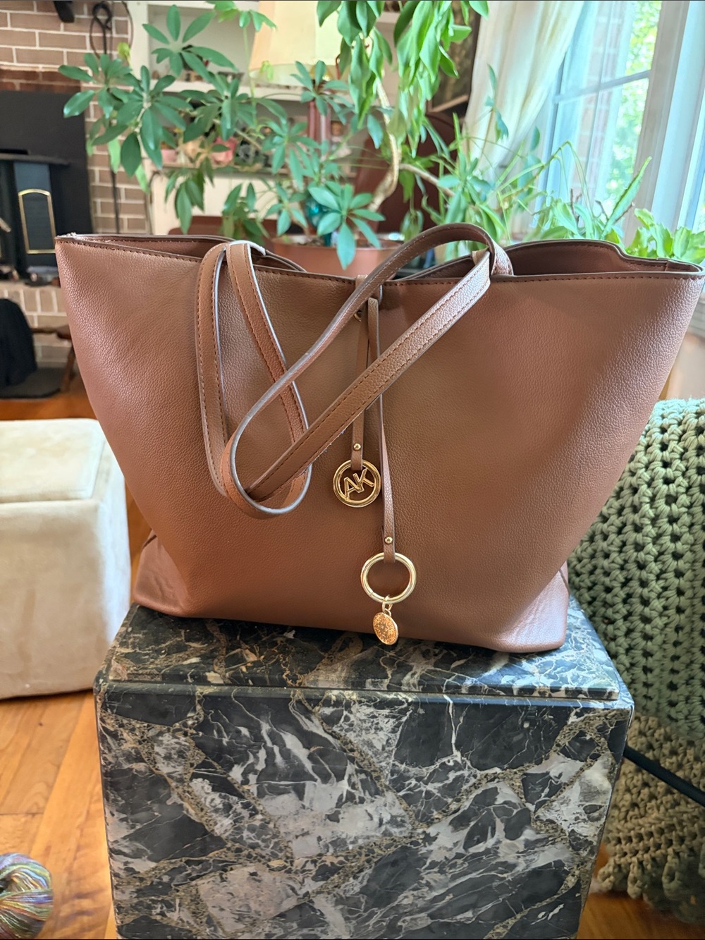 Anne Klein Cognac Leather Tote with Gold Accents